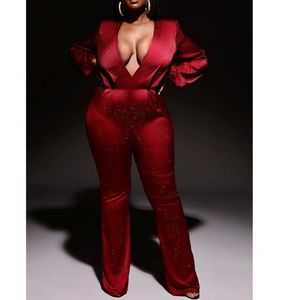 EMBELLISHED SHOULDER PAD JUMPSUIT